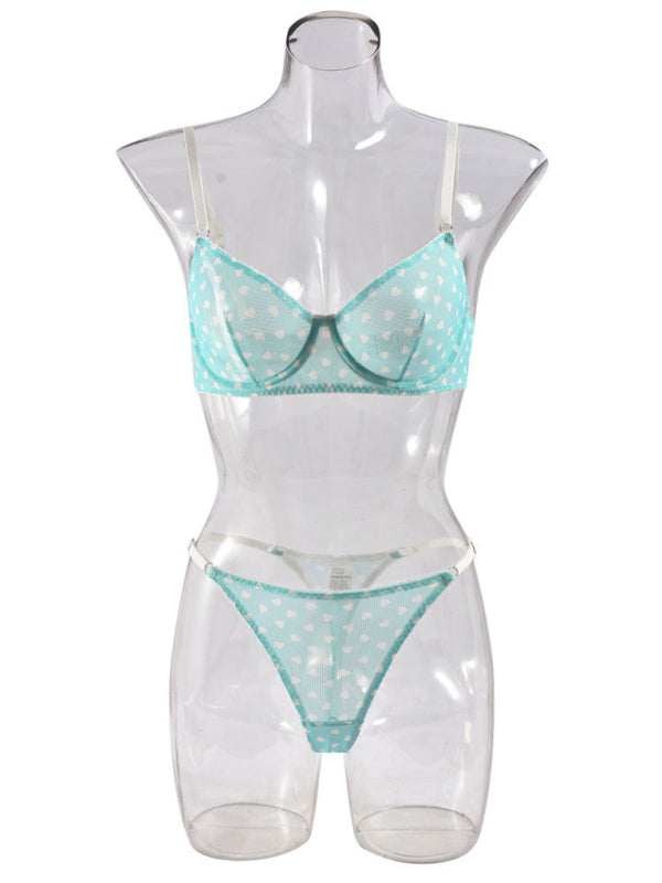 Valentine's Day Heart-shaped Print See-through Temptation Three-point Underwear Set