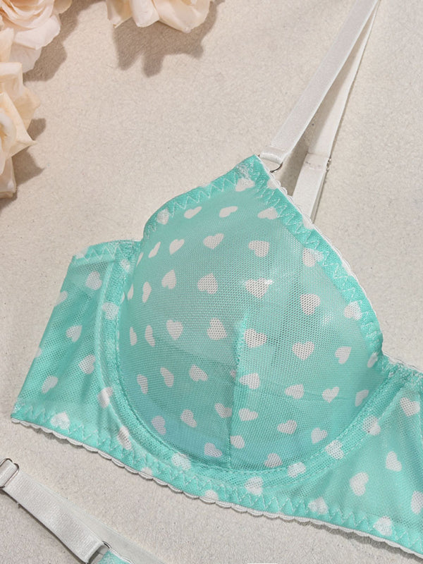 Valentine's Day Heart-shaped Print See-through Temptation Three-point Underwear Set