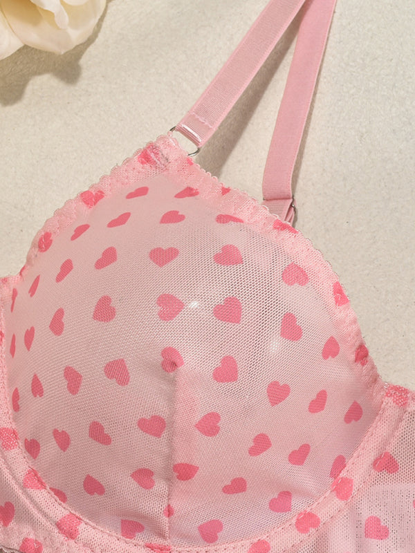 Valentine's Day Heart-shaped Print See-through Temptation Three-point Underwear Set