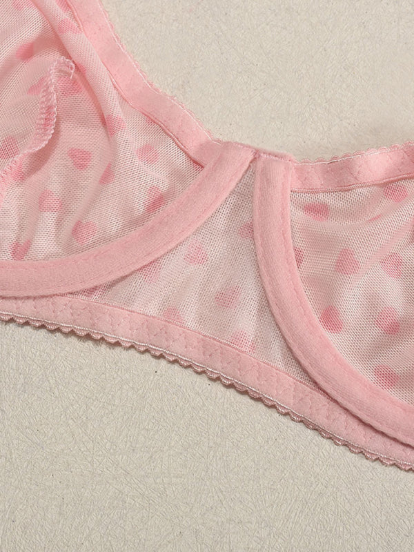 Valentine's Day Heart-shaped Print See-through Temptation Three-point Underwear Set