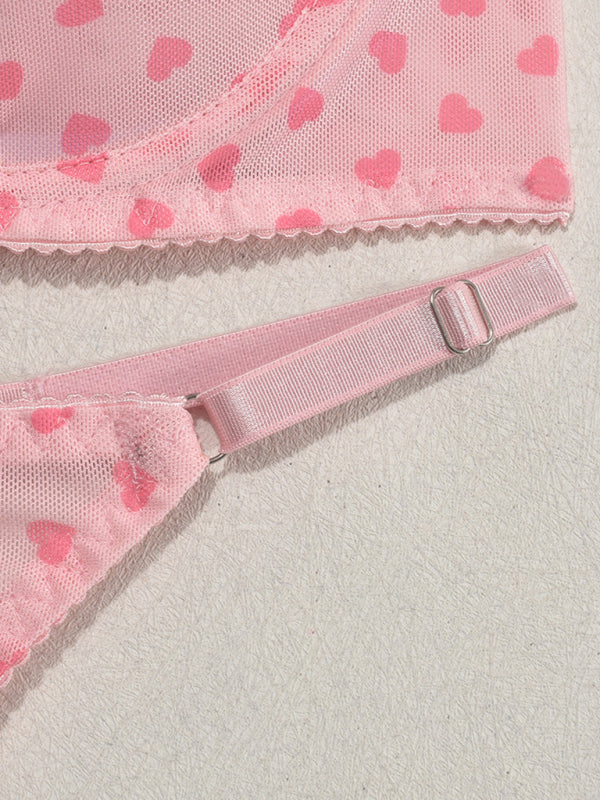 Valentine's Day Heart-shaped Print See-through Temptation Three-point Underwear Set