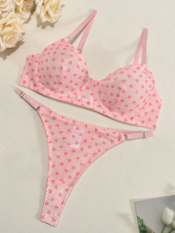 Valentine's Day Heart-shaped Print See-through Temptation Three-point Underwear Set