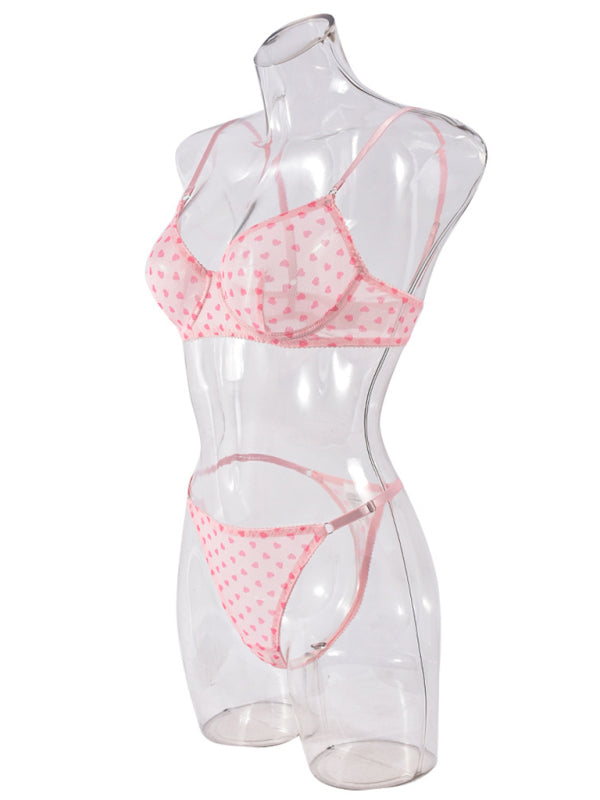 Valentine's Day Heart-shaped Print See-through Temptation Three-point Underwear Set