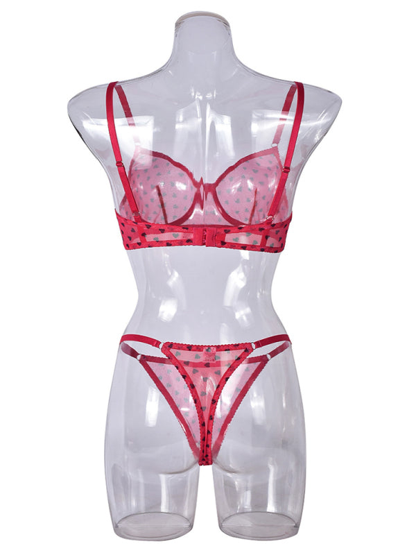 Valentine's Day Heart-shaped Print See-through Temptation Three-point Underwear Set