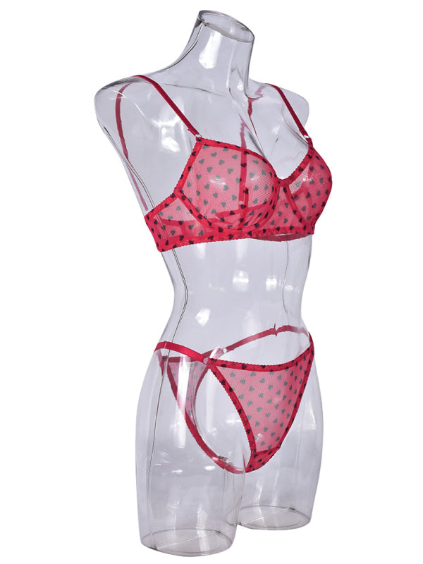 Valentine's Day Heart-shaped Print See-through Temptation Three-point Underwear Set