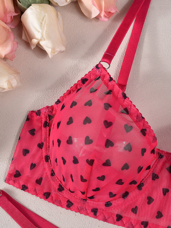 Valentine's Day Heart-shaped Print See-through Temptation Three-point Underwear Set