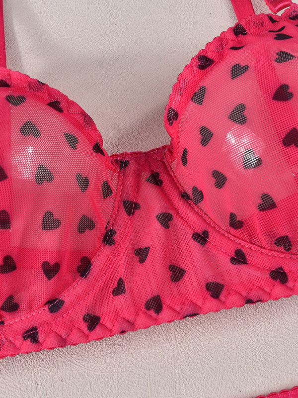 Valentine's Day Heart-shaped Print See-through Temptation Three-point Underwear Set