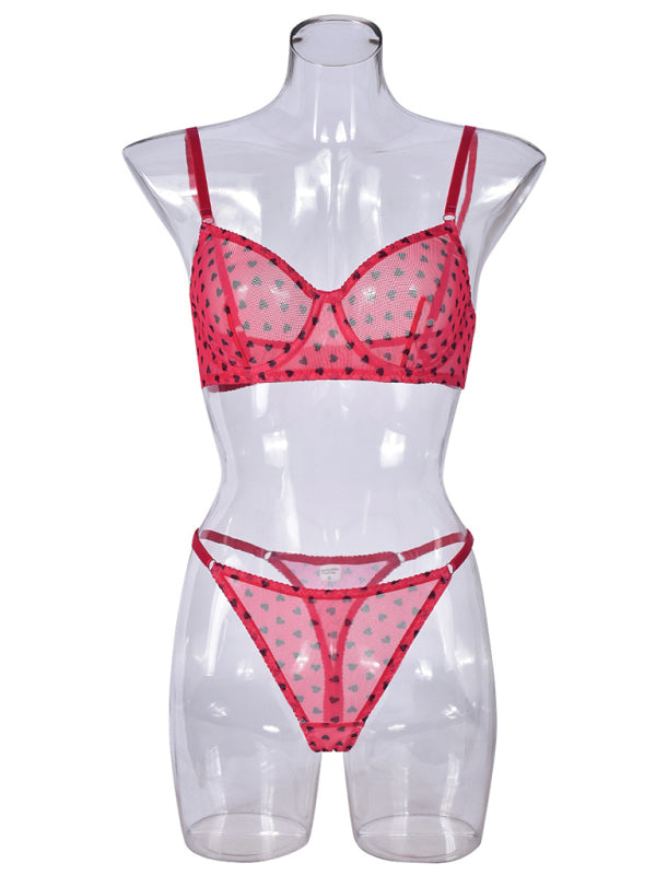 Valentine's Day Heart-shaped Print See-through Temptation Three-point Underwear Set