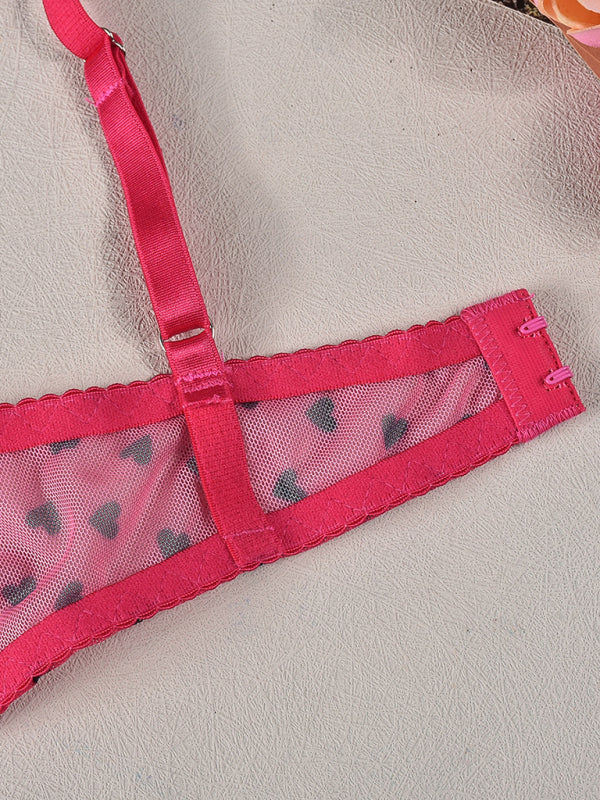Valentine's Day Heart-shaped Print See-through Temptation Three-point Underwear Set