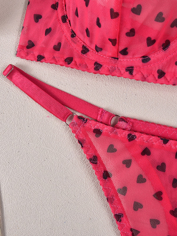 Valentine's Day Heart-shaped Print See-through Temptation Three-point Underwear Set