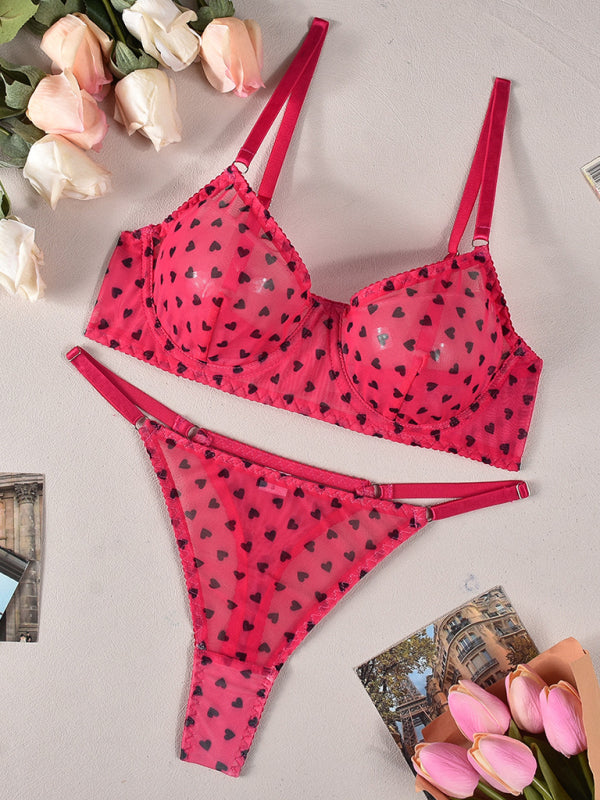 Valentine's Day Heart-shaped Print See-through Temptation Three-point Underwear Set