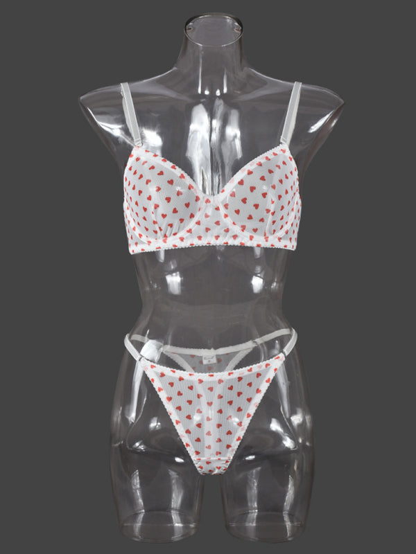 Valentine's Day Heart-shaped Print See-through Temptation Three-point Underwear Set