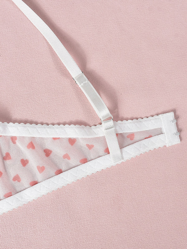 Valentine's Day Heart-shaped Print See-through Temptation Three-point Underwear Set