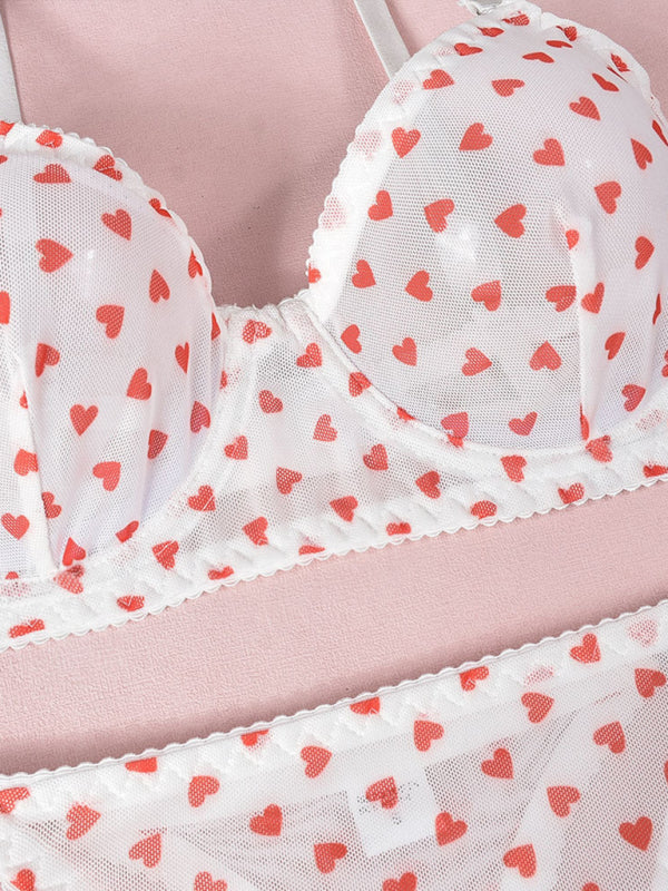 Valentine's Day Heart-shaped Print See-through Temptation Three-point Underwear Set