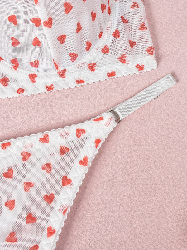 Valentine's Day Heart-shaped Print See-through Temptation Three-point Underwear Set