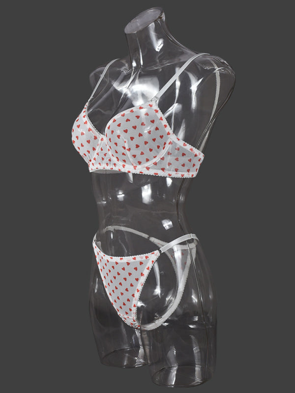 Valentine's Day Heart-shaped Print See-through Temptation Three-point Underwear Set