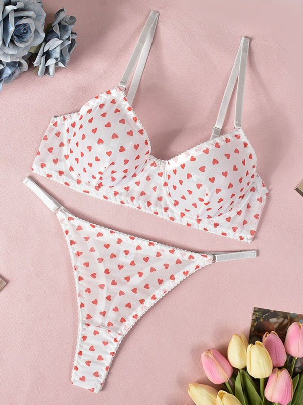 Valentine's Day Heart-shaped Print See-through Temptation Three-point Underwear Set