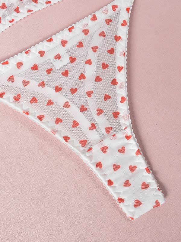 Valentine's Day Heart-shaped Print See-through Temptation Three-point Underwear Set