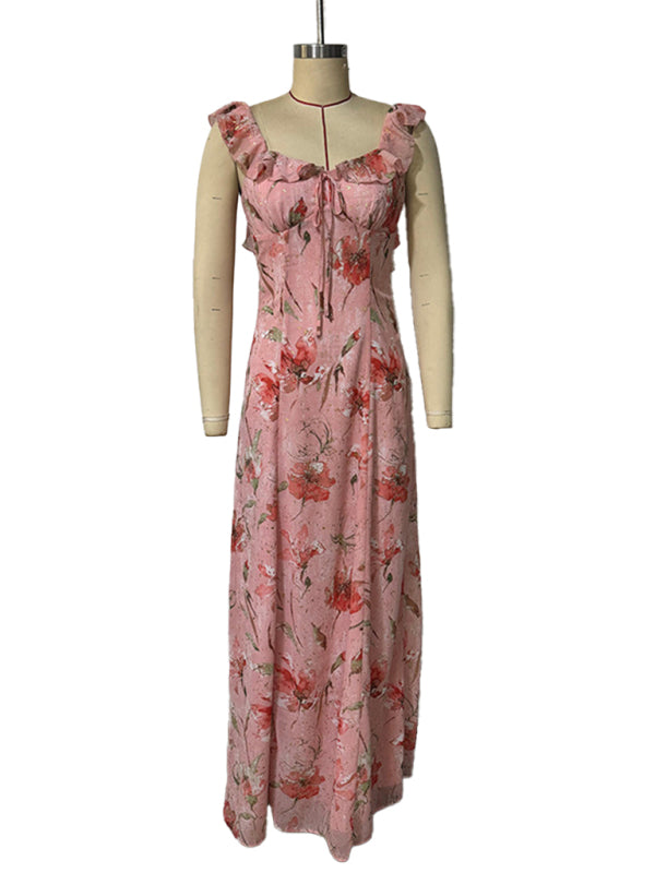 Pink Floral Print Ruffled Halter Maxi Dress
