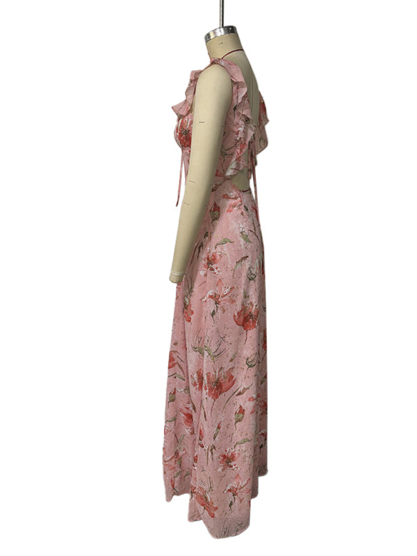 Pink Floral Print Ruffled Halter Maxi Dress