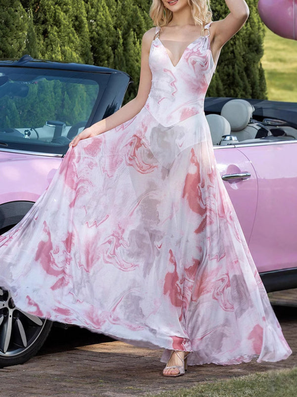 V-neck Halter Mesh Print Semi-transparent Maxi Dress