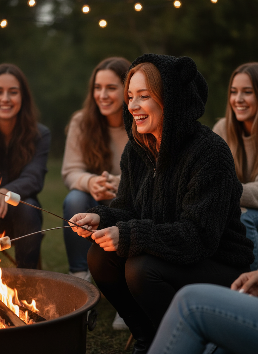 Redhead in black teddy bear hoodie at fire pit