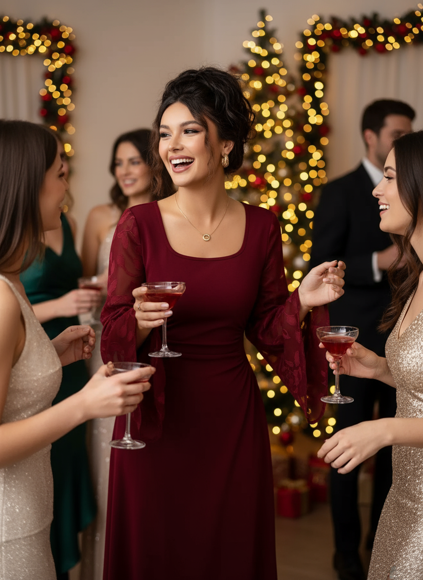 Brunette in burgundy midi dress at holiday party