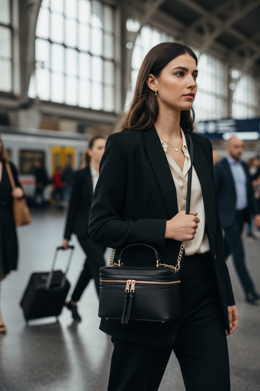 Brunette with black vanity case at train station