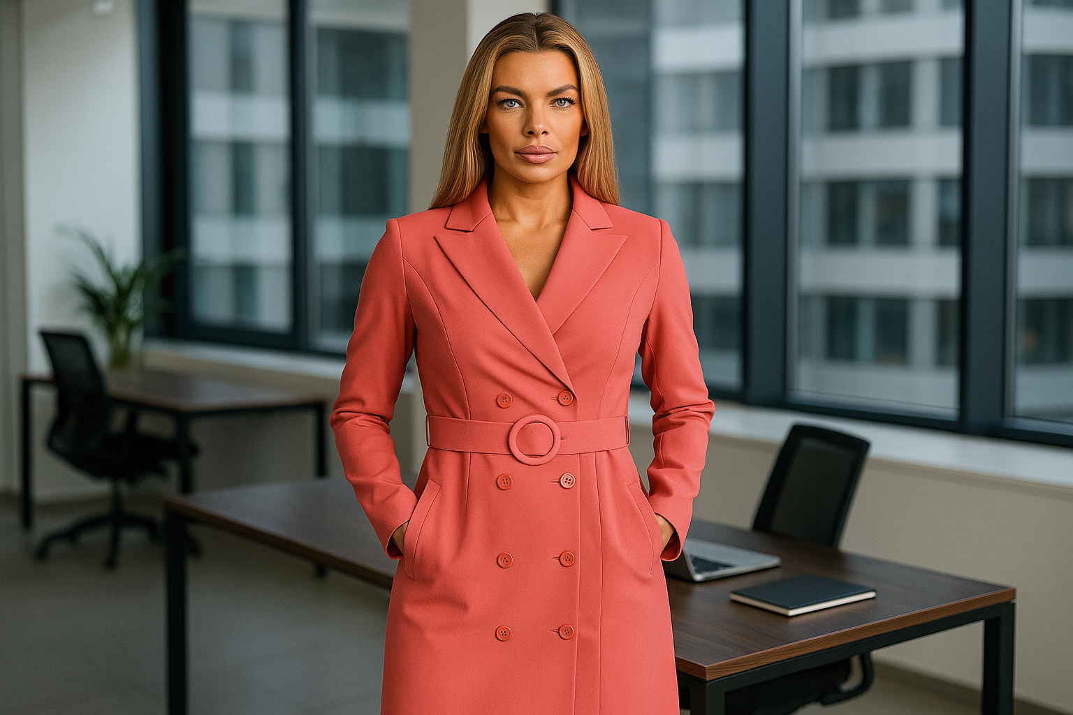 Professional woman wearing belted blazer dress in modern office setting