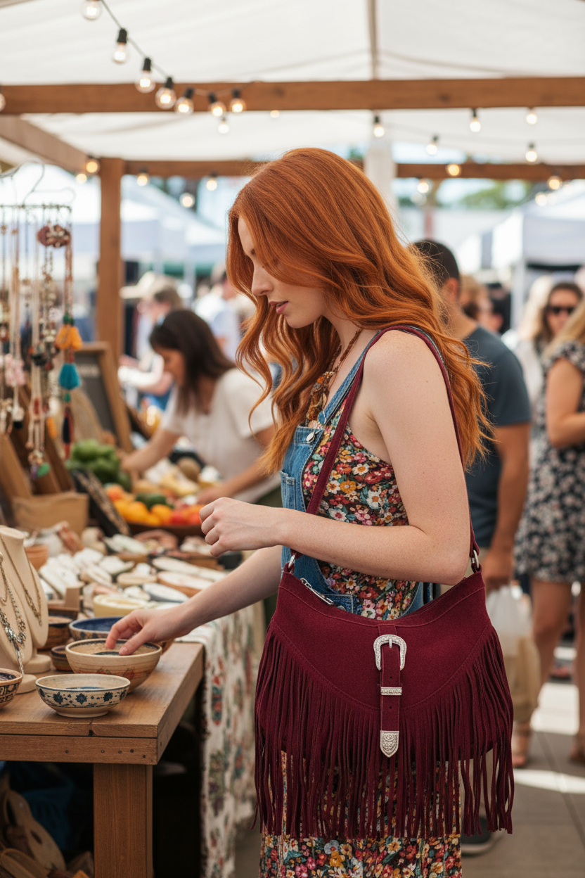 Redhead with burgundy western fringe bag at market