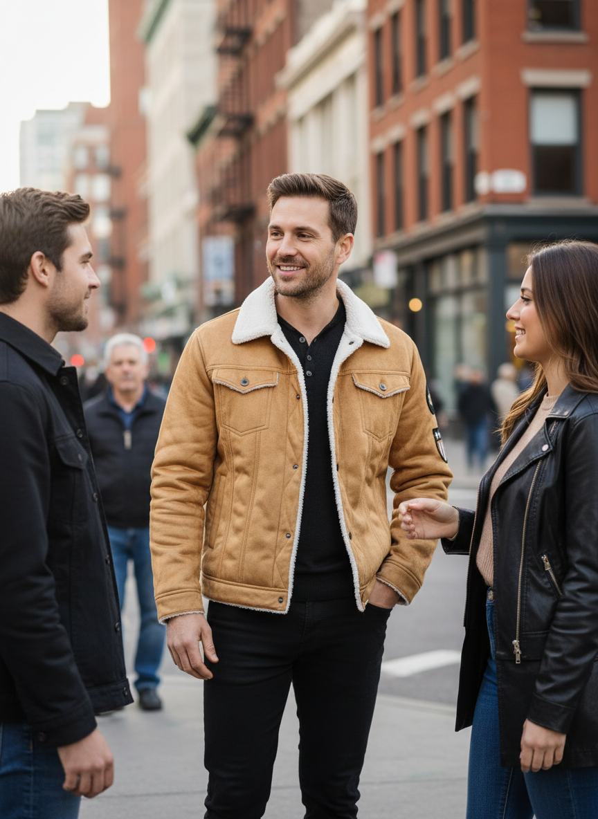 Khaki Shearling Jacket Lifestyle Image 3 - Standing with Right Sleeve