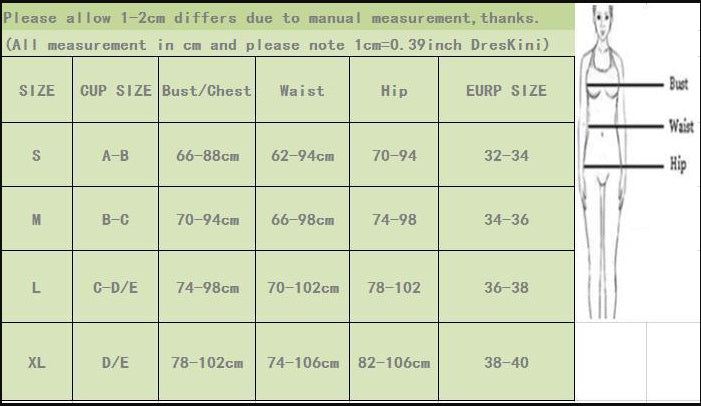 Size chart for Trendsi knit textured bikini summer swimwear showing bust chest waist and hip measurements