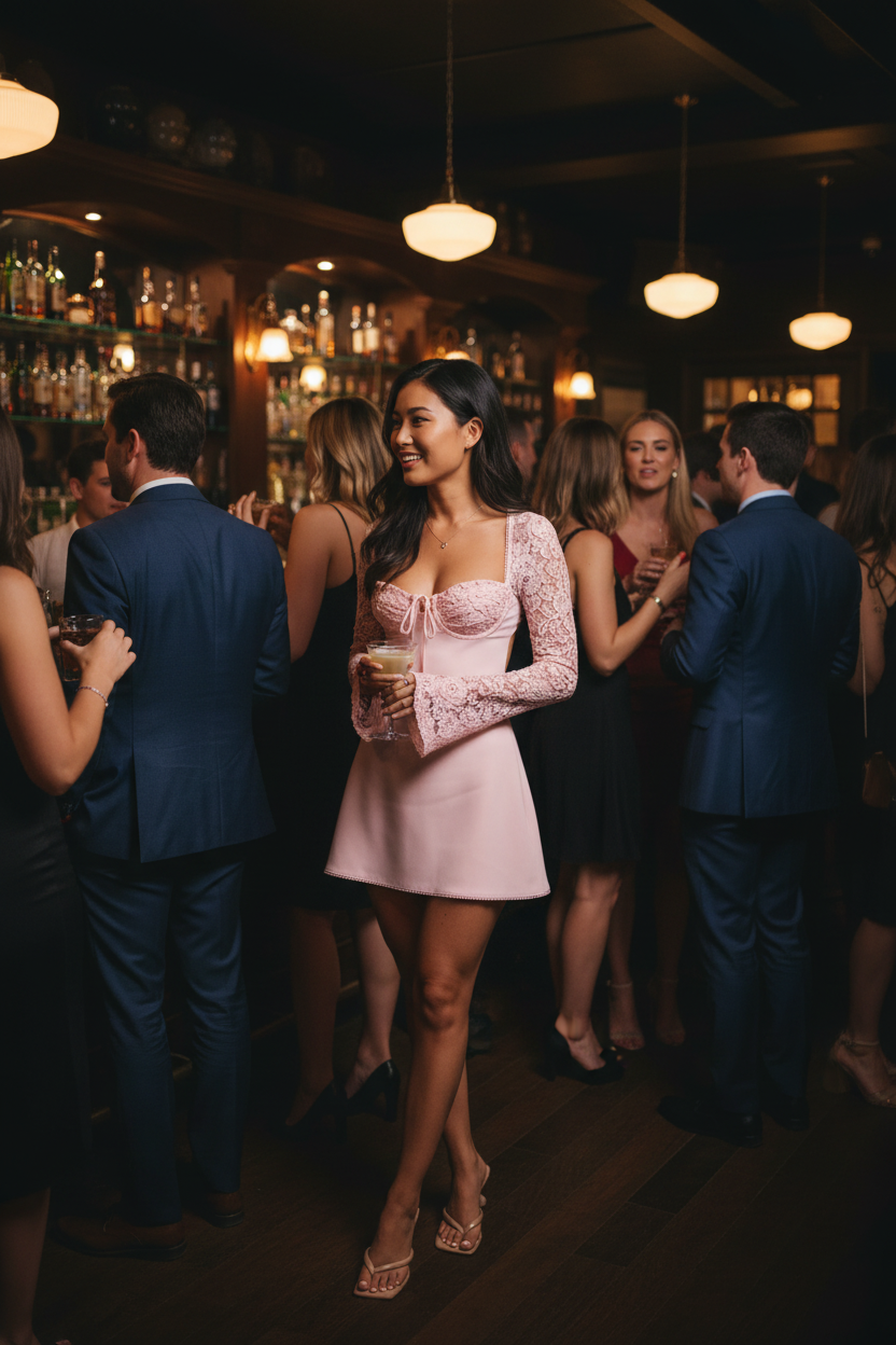 Lace dress at cocktail bar - product focused