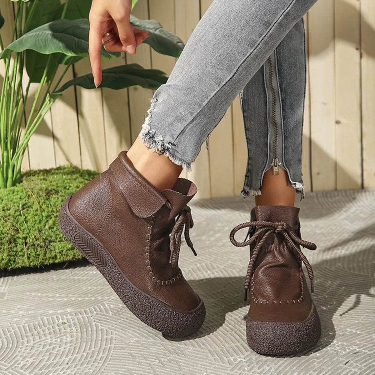 Trendsi Lace-Up Casual Ankle Boots in brown worn with gray distressed jeans