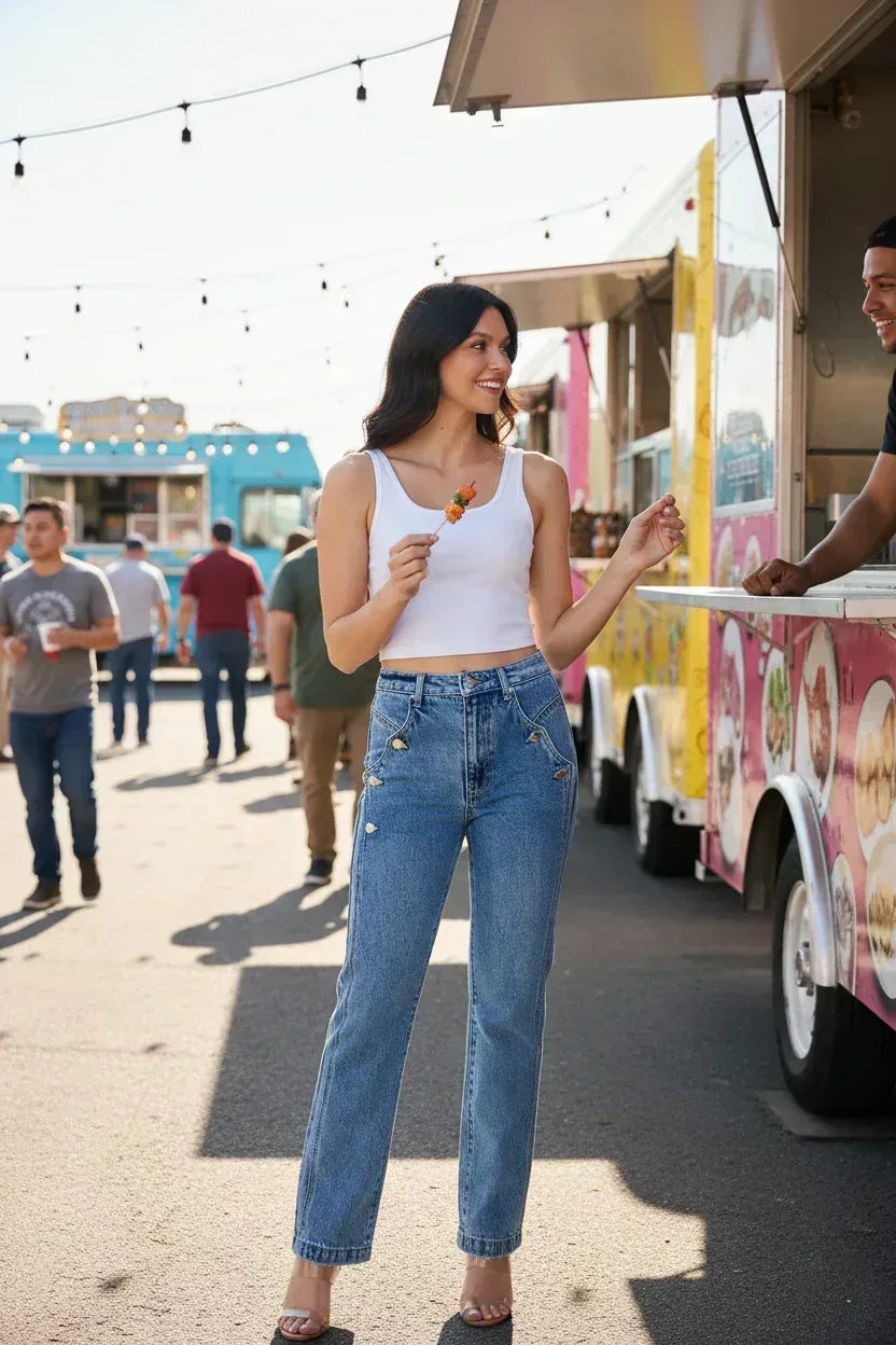 High Rise Dad Jeans - Scallop Pocket Relaxed Fit - Fashions Envy