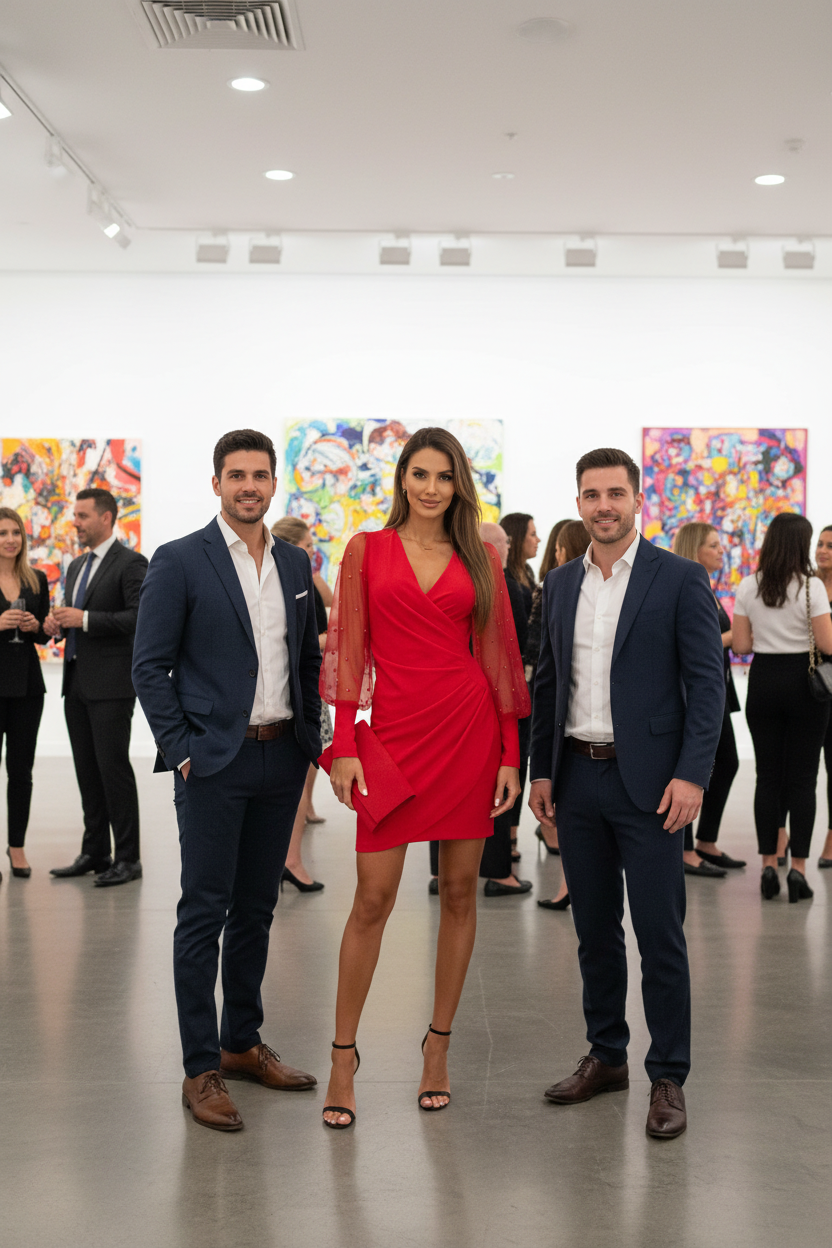 Latina woman in lace bodycon mini dress at gallery opening