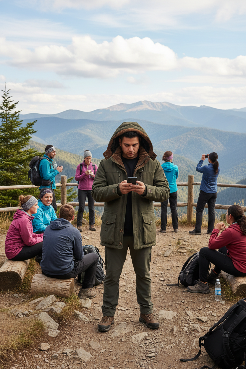 Latino man at mountain hiking trail wearing hooded parka coat