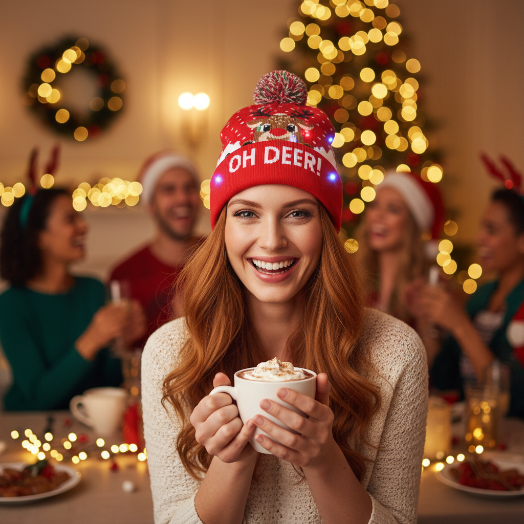 LED Christmas beanie with Cool X-mas snowman and Santa design