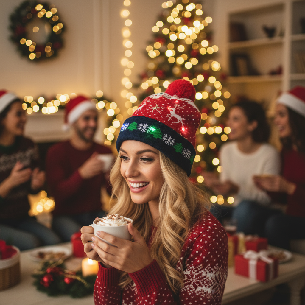 LED light-up Christmas beanie at holiday party