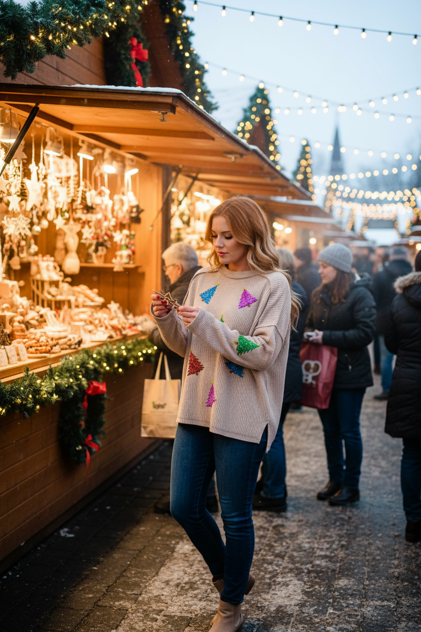 Lifestyle image for Sequin Christmas Tree Exposed Seam Drop Shoulder Ribbed Long Sleeve Top