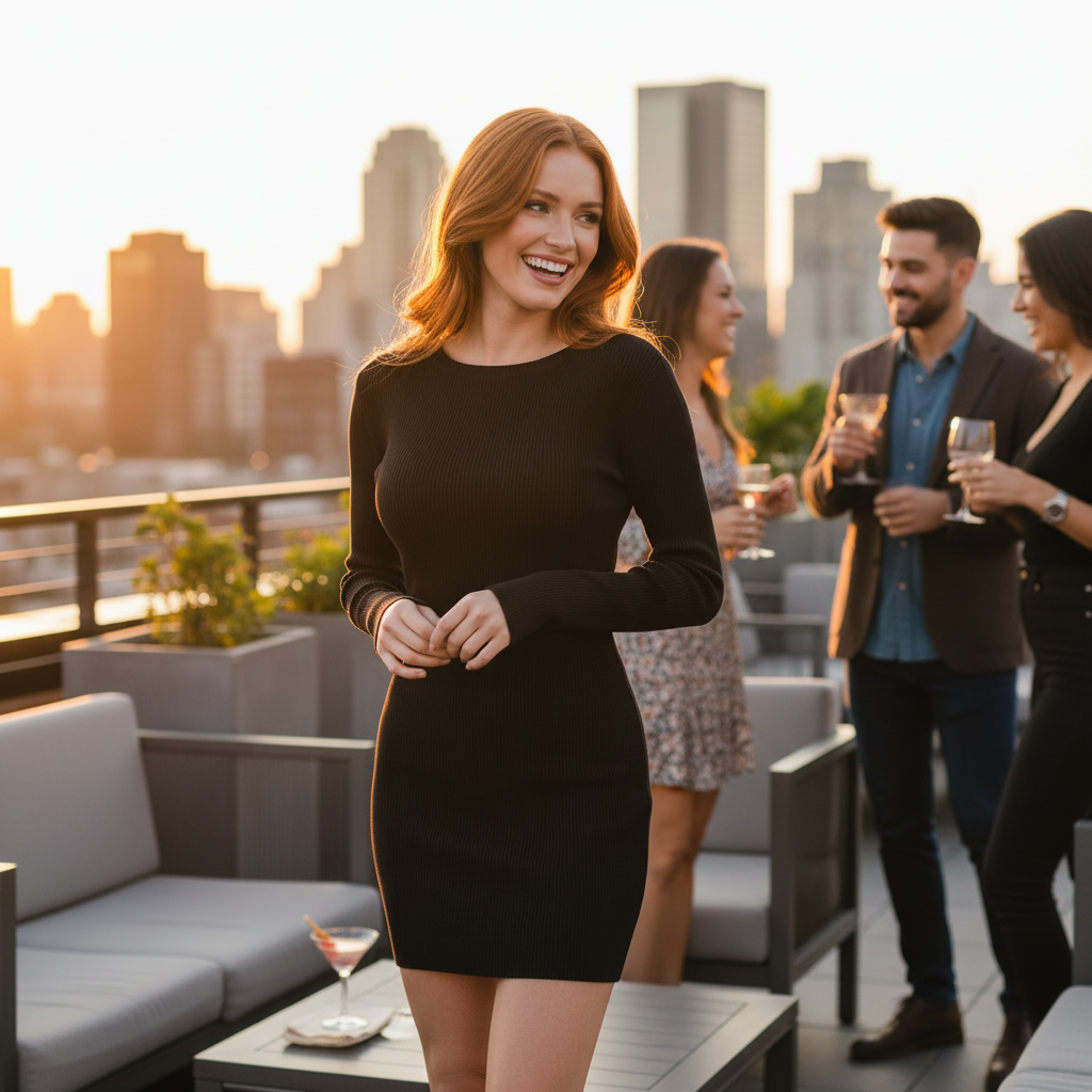 Lifestyle image of knit solid bodycon long sleeve textured dress