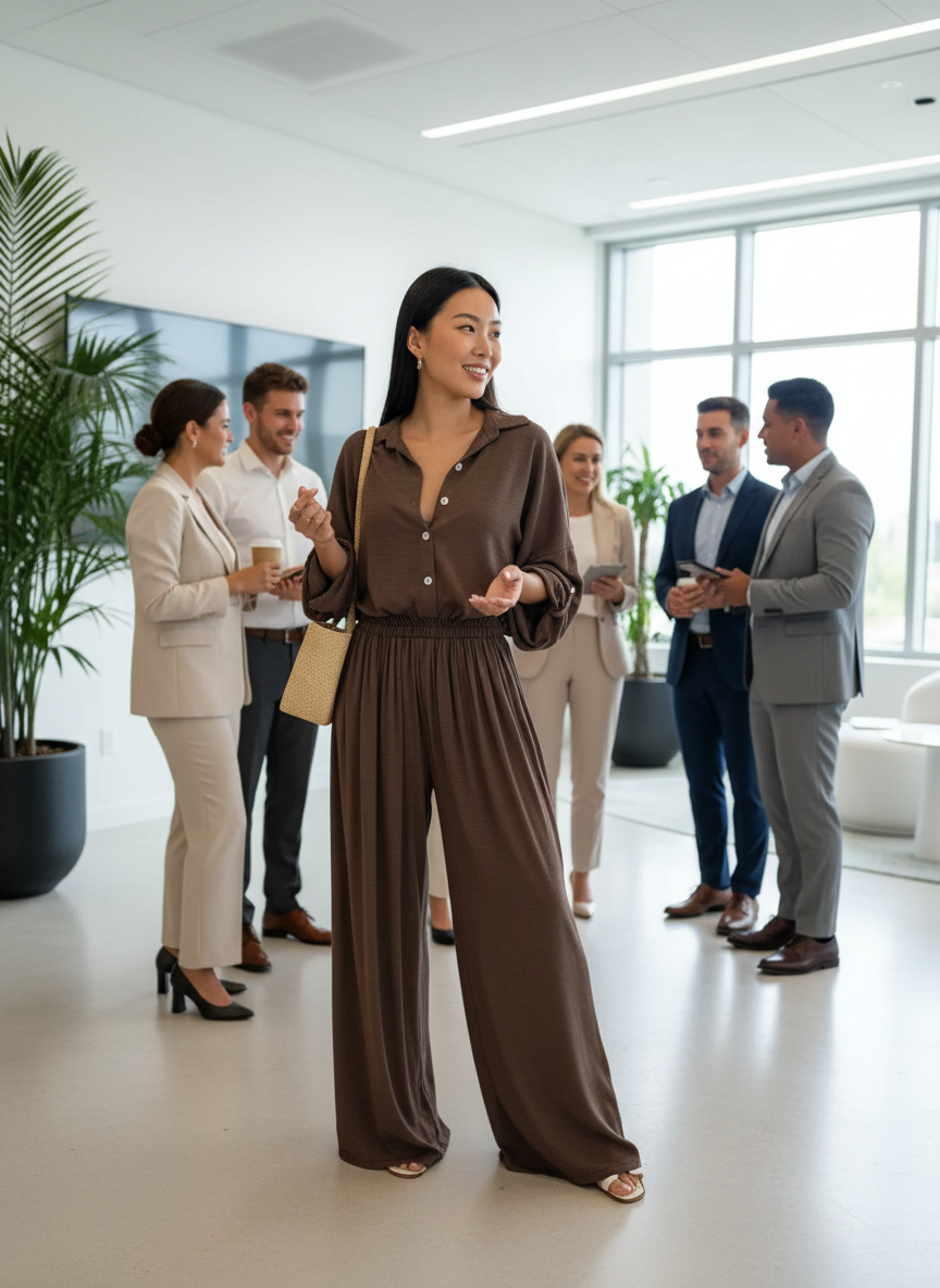Lifestyle image of long sleeve shirt and wide leg pants set