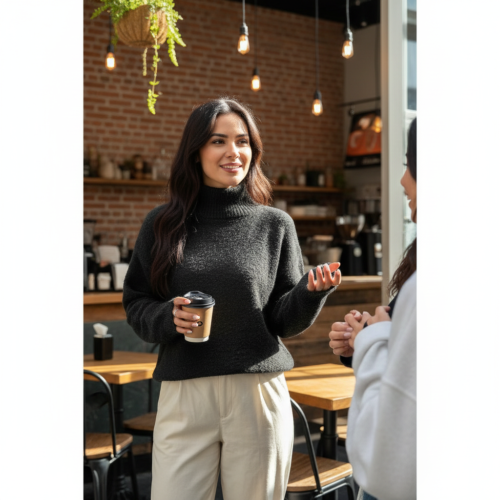 Lifestyle image of soft knit roll neck long sleeves sweater