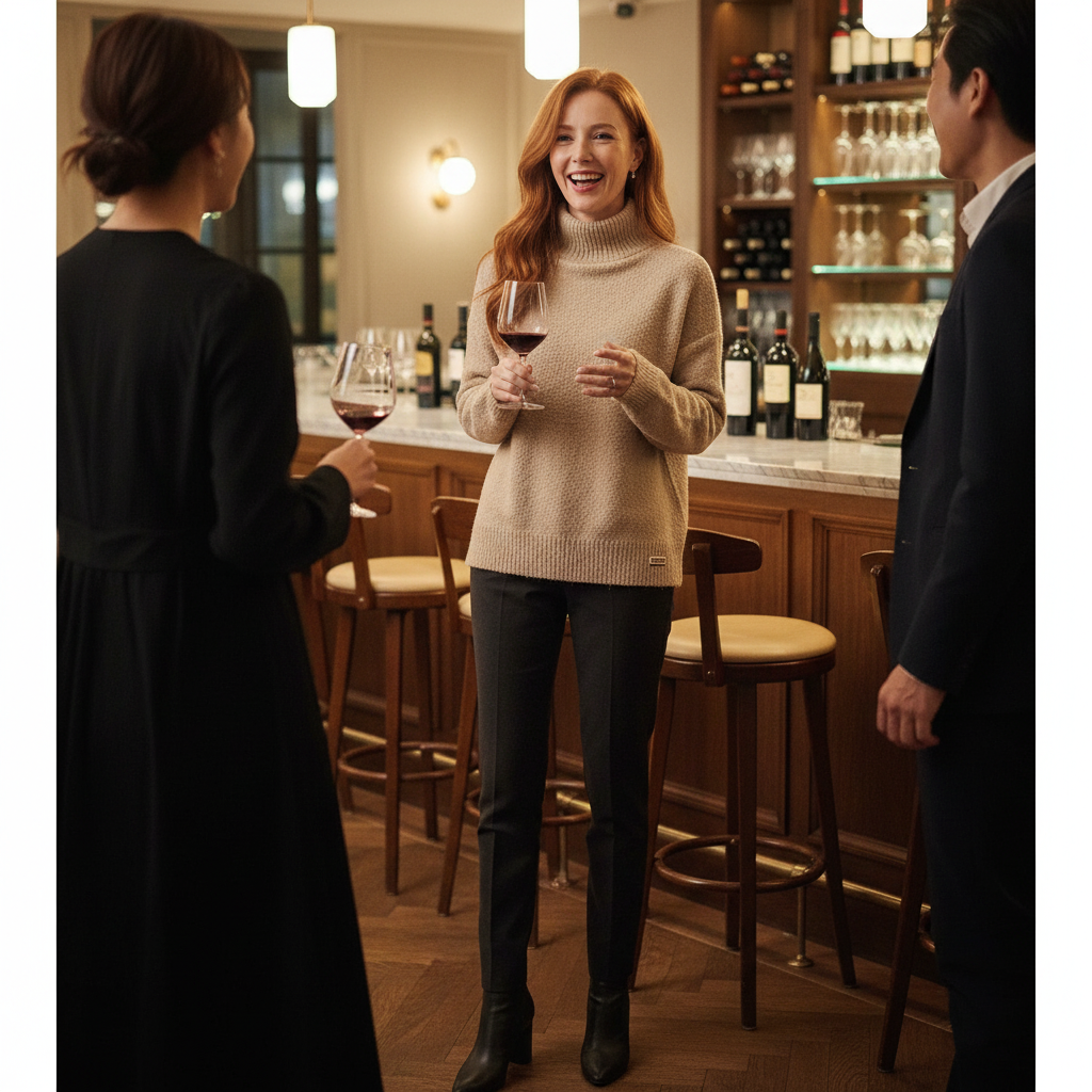 Lifestyle image of soft knit roll neck long sleeves sweater