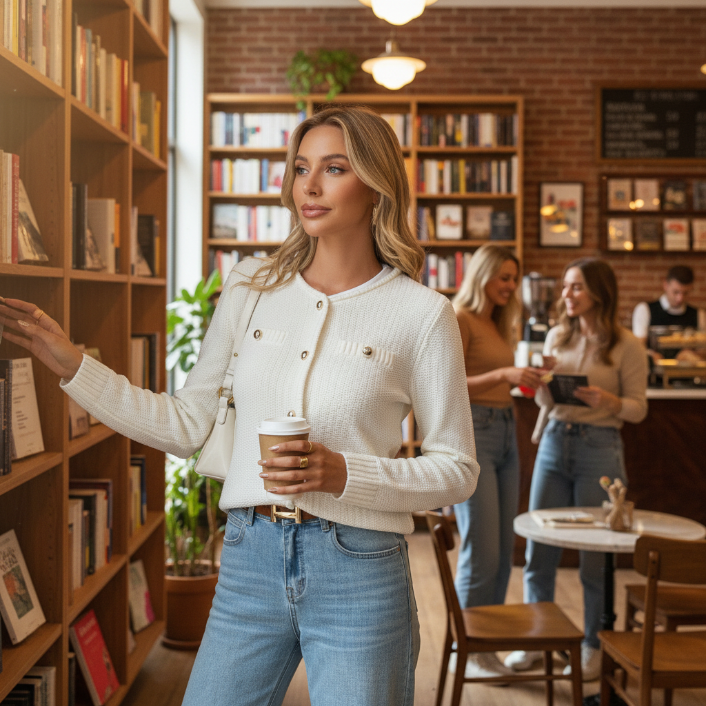 Lifestyle image of v neck cropped long sleeve texture knit sweater