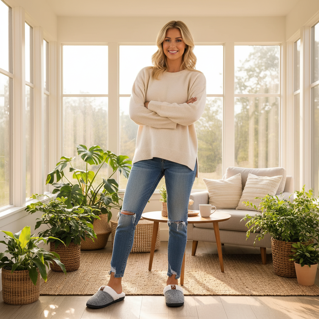 Light gray fleece-lined slippers sunroom lifestyle