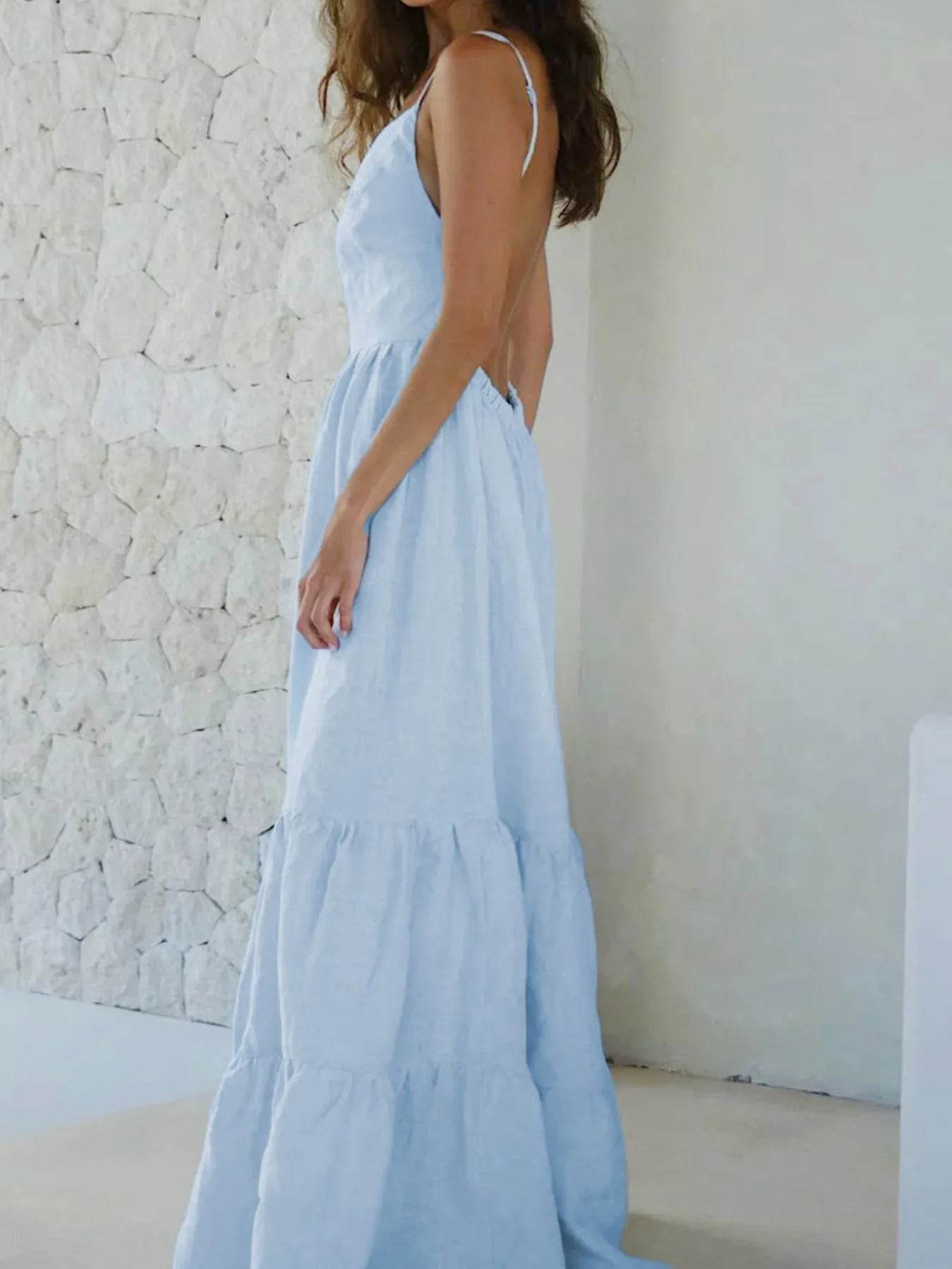 Flowy Blue Tiered Maxi Cami Dress - Summer Backless Dress - Fashions Envy