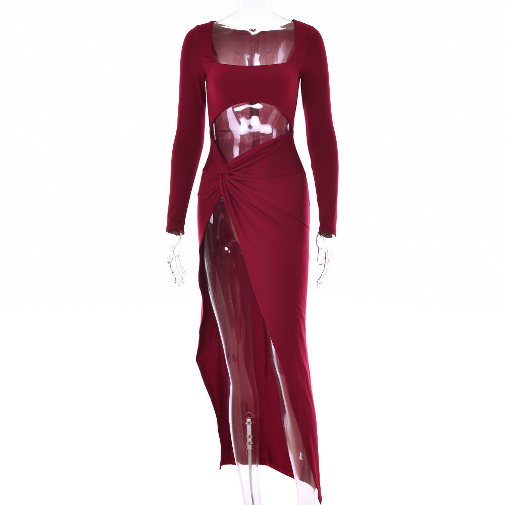 Trendsi long sleeve side cutout maxi dress in burgundy with twisted front and high slit