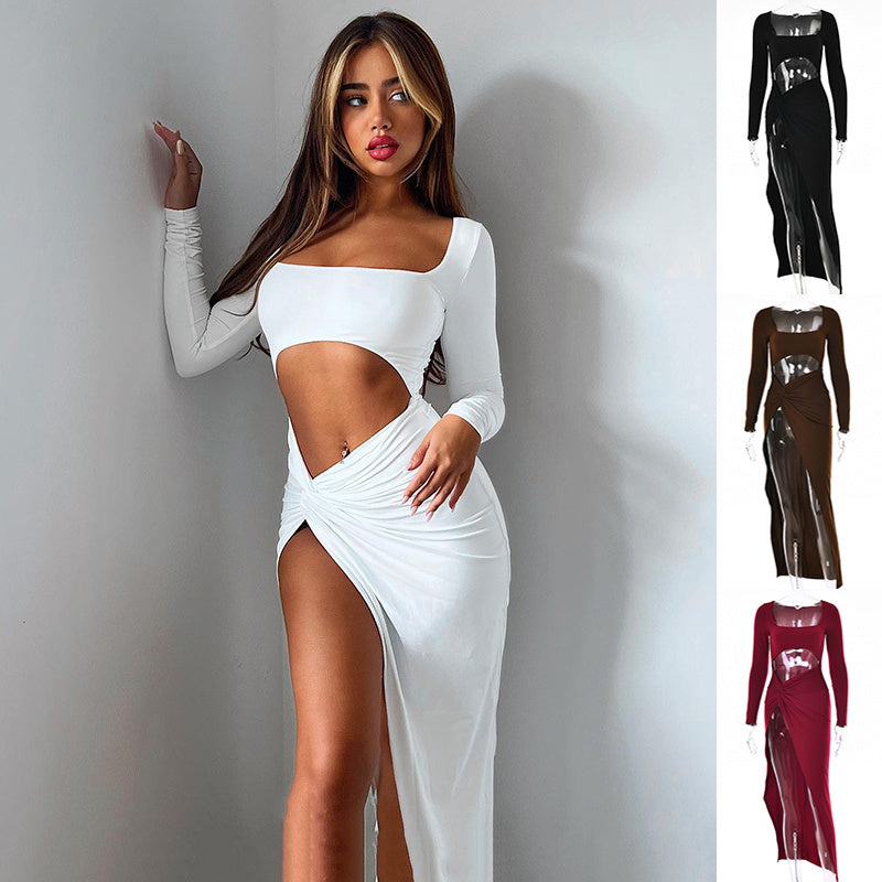 Trendsi Long Sleeve Side Cutout Maxi Dress in white with ruched high slit design
