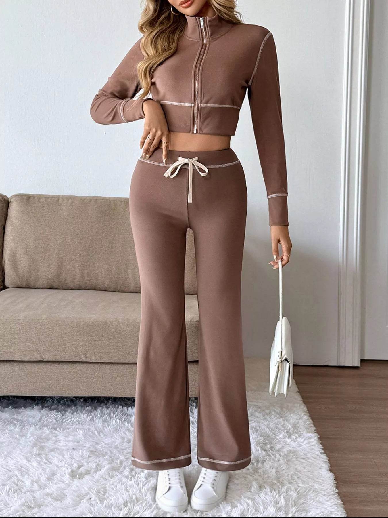 Trendsi Long Sleeve Top and Pants Set in Brown with Zipper and Drawstring Detail for Casual Wear
